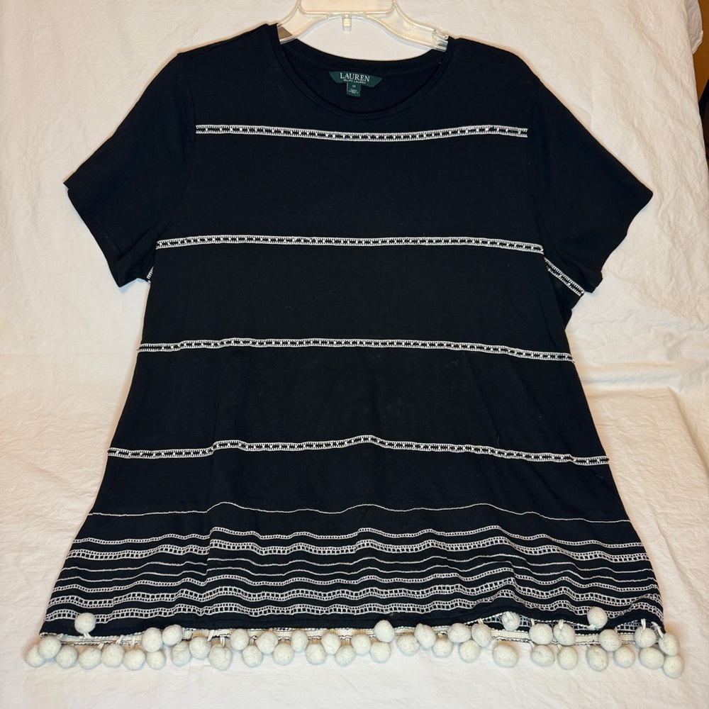 Ralph Lauren Black Tee with White Pom-Pom Trim